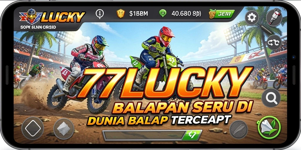 Gameplay seru dari 777LUCKY yang menampilkan mobil balap di lintasan cepat.