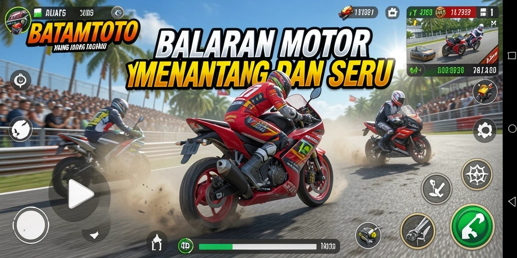 Screenshot gameplay BATAMTOTO yang menunjukkan balapan motor yang mendebarkan.