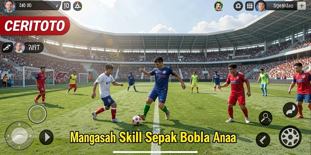 Tampilan gameplay CERITOTO dengan aksi seru di lapangan sepak bola.