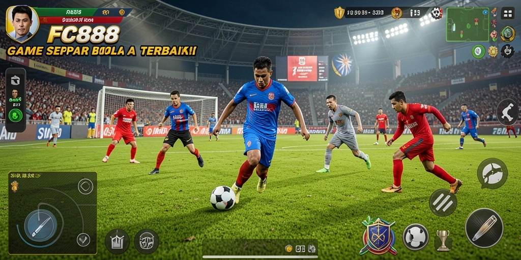 Screenshot FC888 menampilkan aksi seru di lapangan sepak bola.