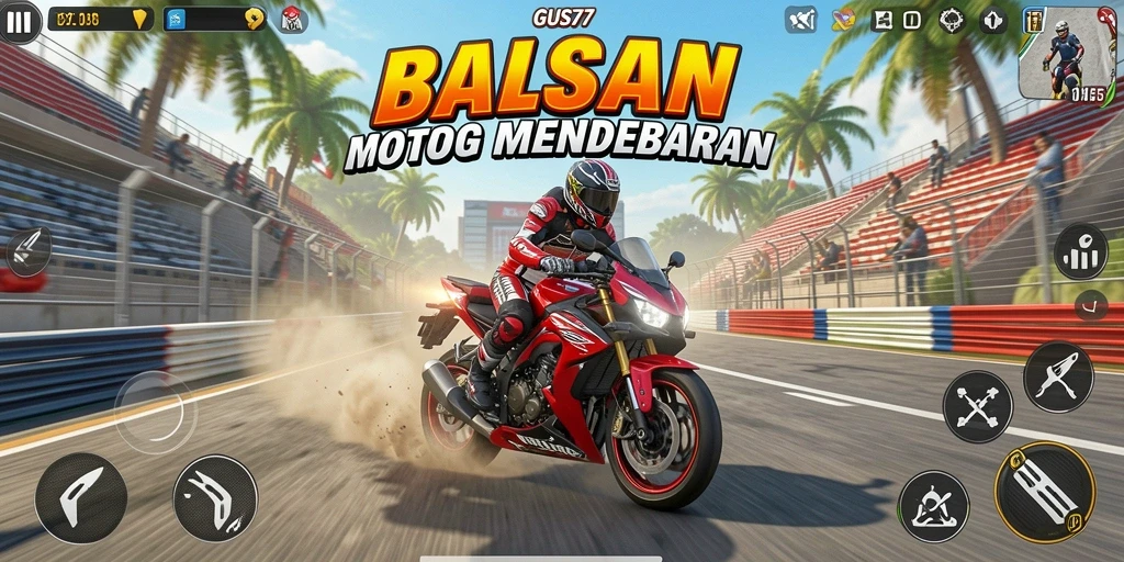Screenshot gameplay GUS77 menampilkan aksi balapan motor yang mendebarkan.