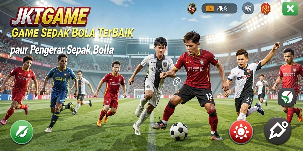 Tangkapan layar gameplay JKTGAME memperlihatkan momen seru di lapangan sepak bola.