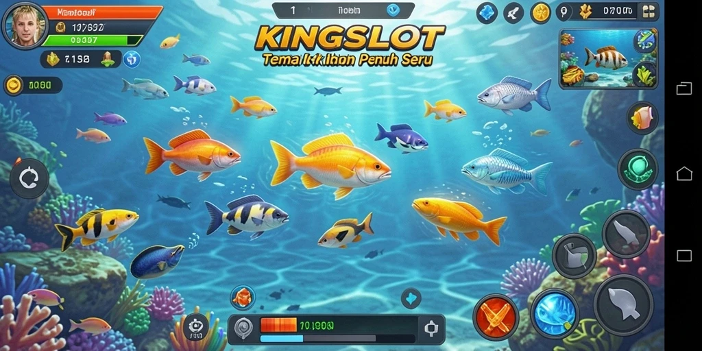 Tampilan gameplay seru dalam KINGSLOT dengan aksi menembak ikan.