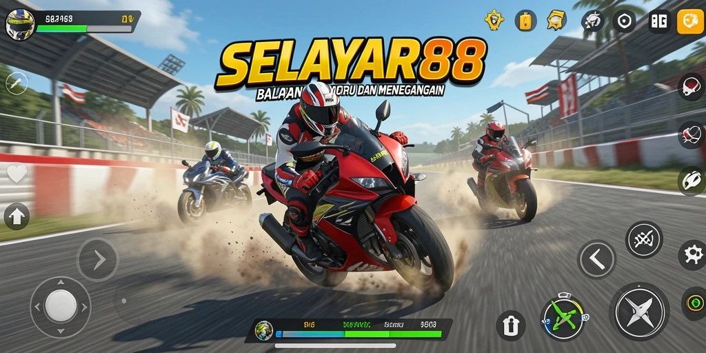 Tampilan gameplay SELAYAR88 yang intens saat balapan motor di lintasan.