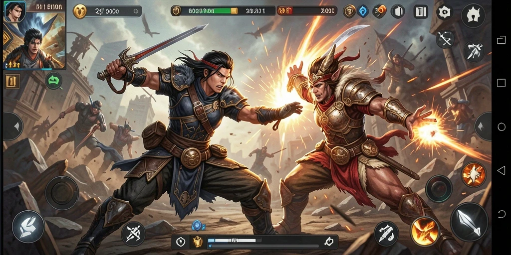 Gameplay V21 dengan pertarungan intens dan karakter unik.